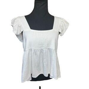 Miou Muse White Linen Blend Angel Sleeve Cropped Blouse Shirt Button size Large‎